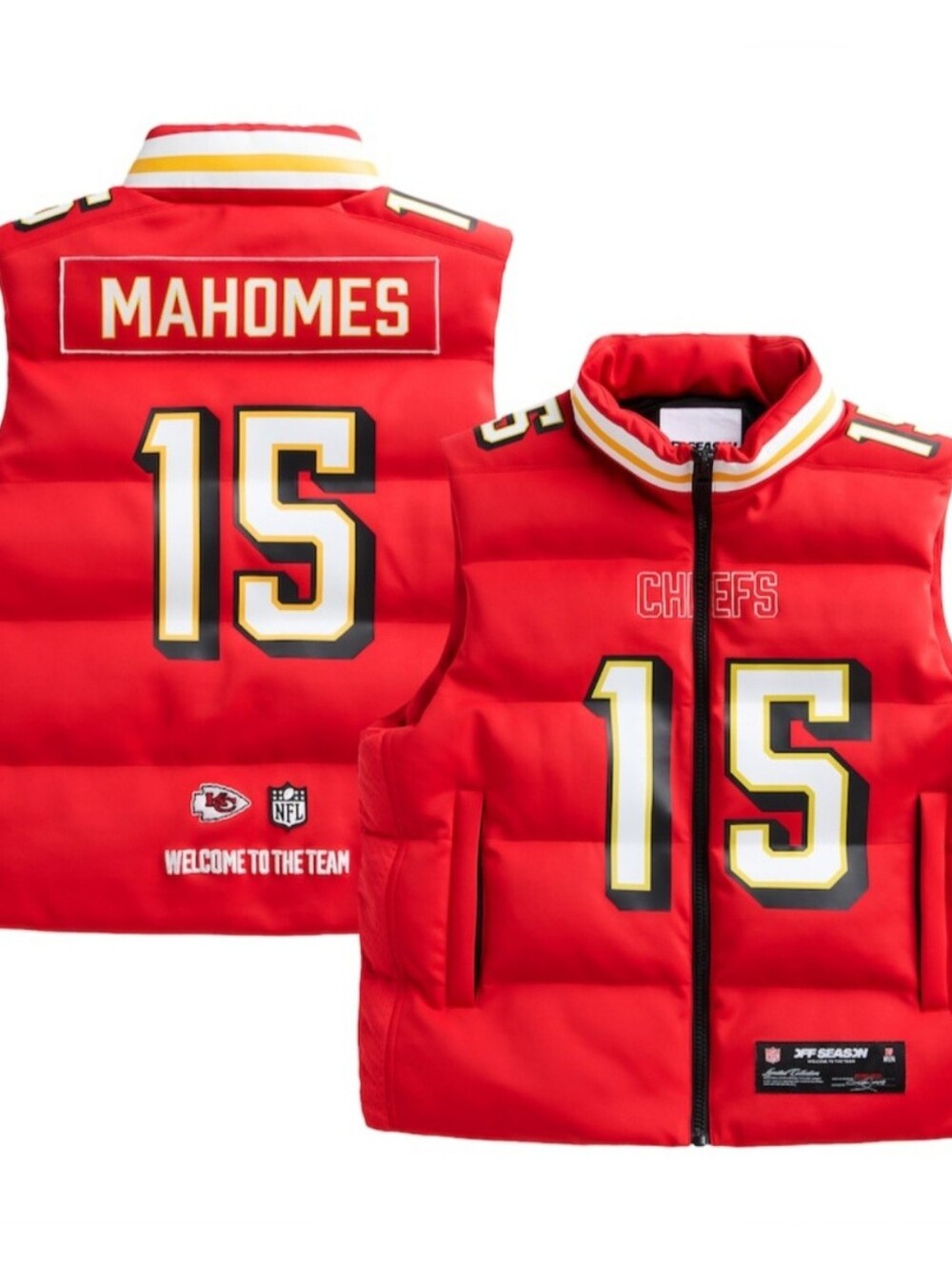 Off Season Kansas City Chiefs Patrick Mahomes #15 Red Puffer Vest